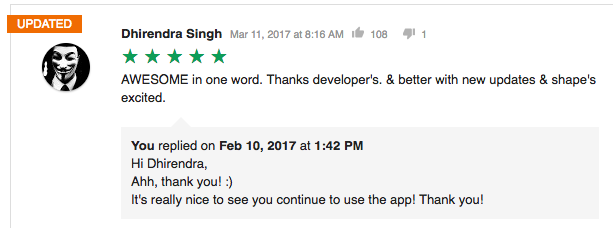 Google App Store review from a user, who updated the review several times