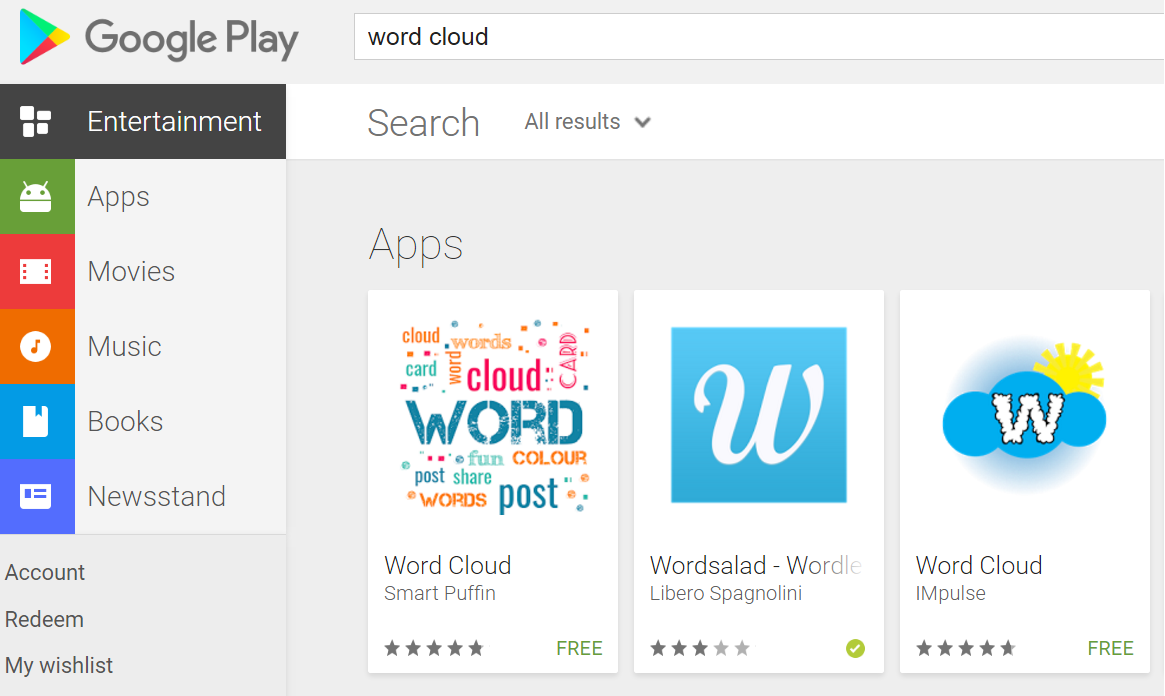 "Word Cloud" search in Google Play returns my app first!